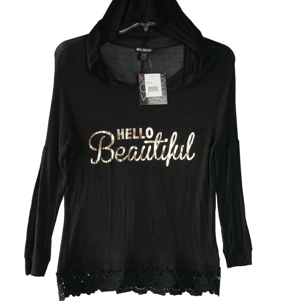 Miss Chievous Womens XS Black Light Weight Lace Accented Pullover Hoodie